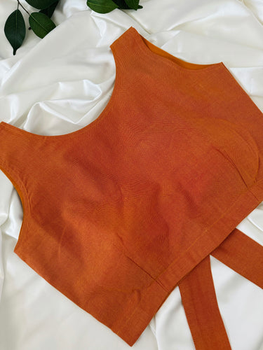 Ready To Wear Saree Blouse | Handwoven Cotton | Size 34 | Orange | Boat Neck | Free Shipping | Ships from California